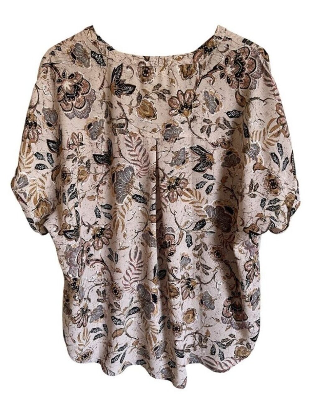 Floral Zip Front V-Neck Short Sleeve Top Tan Black Polyester - Picture 2 of 2